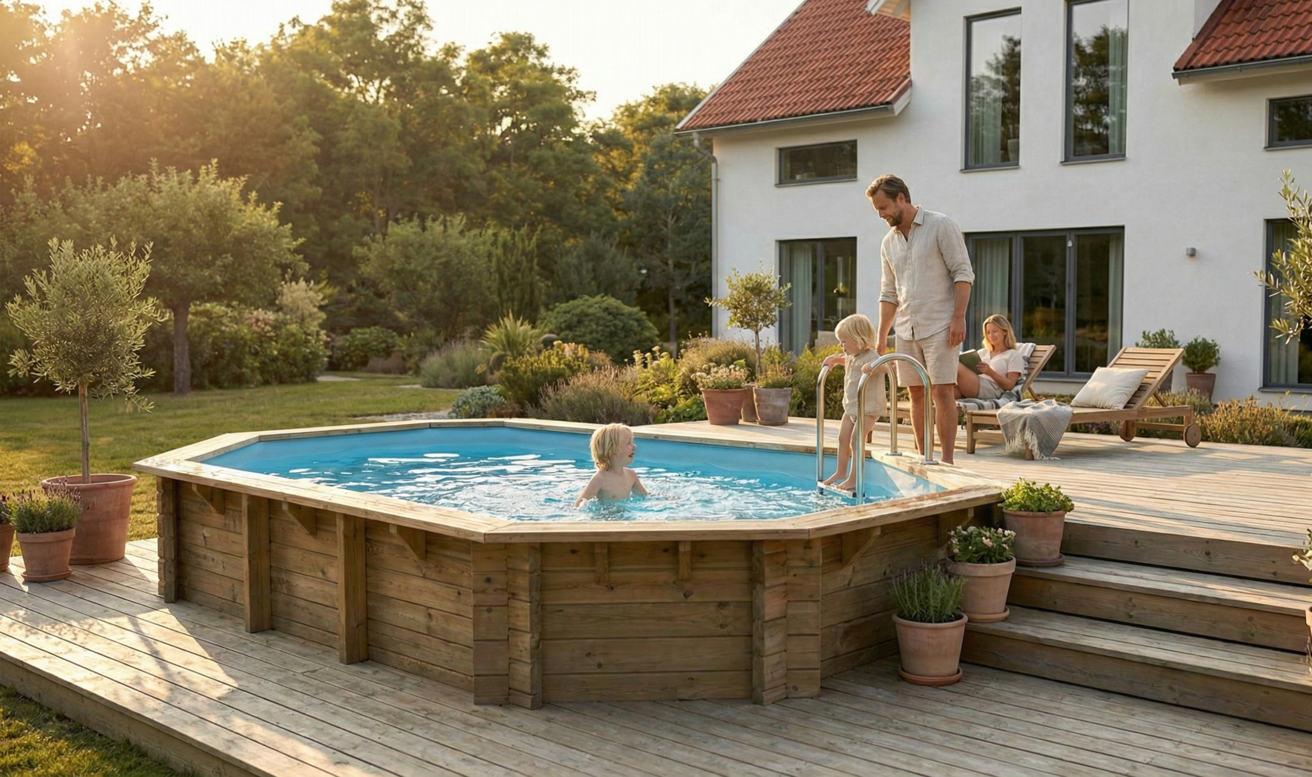 Enkla Poolen header, familj som avnjuter en lugn stund vid poolen